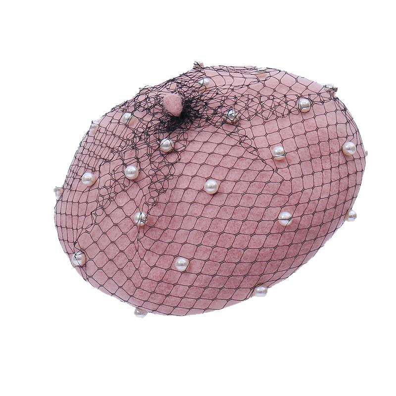 Wool beret women, mesh pearl pumpkin hat spring and autumn fashion British retro painter hat versatile