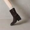 Krazing Pot Cow Suede Nubuck Winter Round Toe Modern Boots Med Heels Slip on Metal Rivets Women Mid-calf Boots