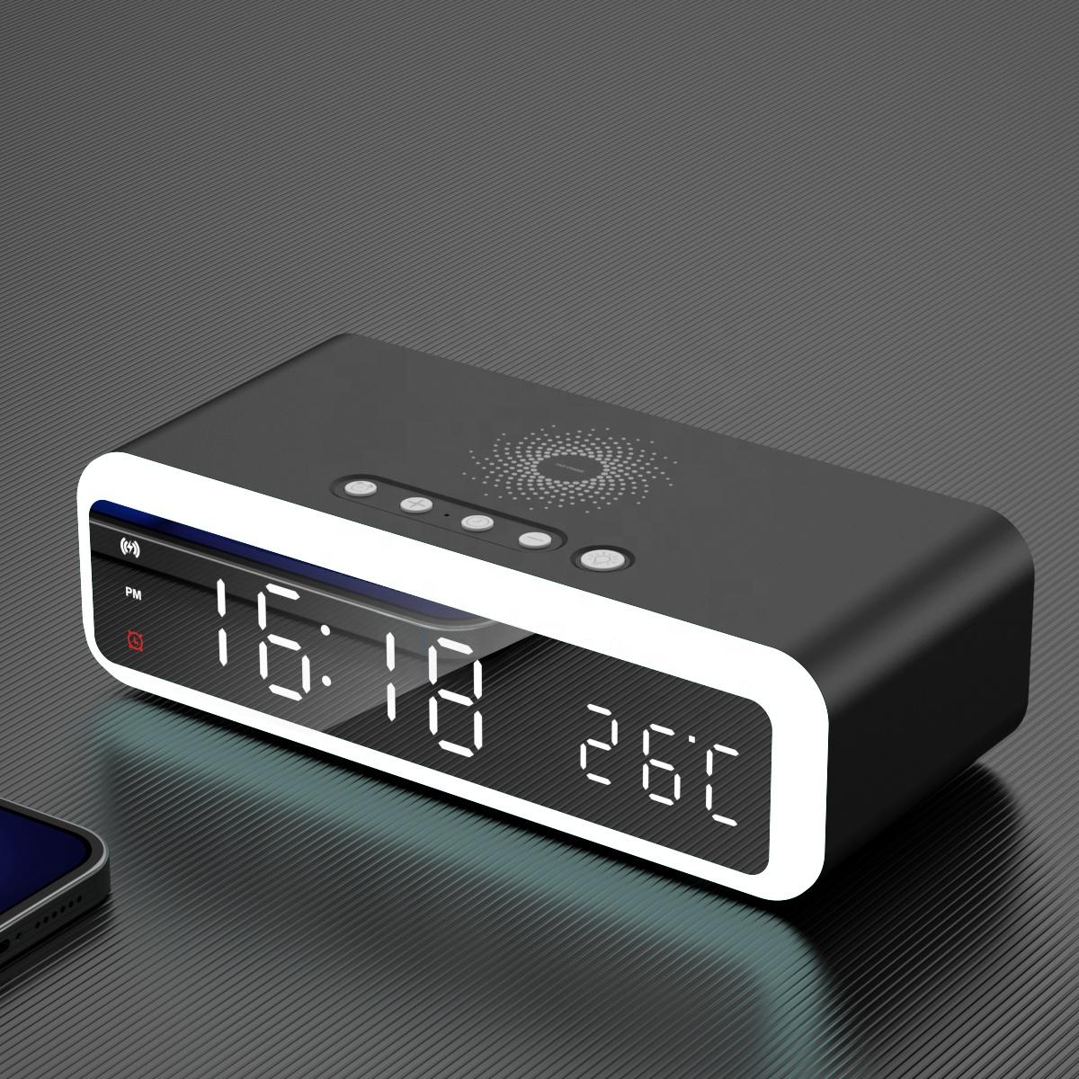 LED Alarm Clock Mobile Phone 10W 15W Fast Wireless Charger Clock Mirror With Night Light Digital Thermometer Desk Clock чёрный