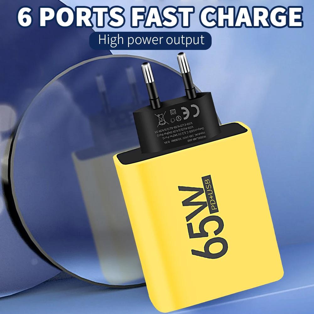 65W USB Typ C Laddare 6 Port PD Typ C Snabbladdning väggadapter för iPhone 13 14 15 Samsung Xiaomi Huawei mobiltelefon
