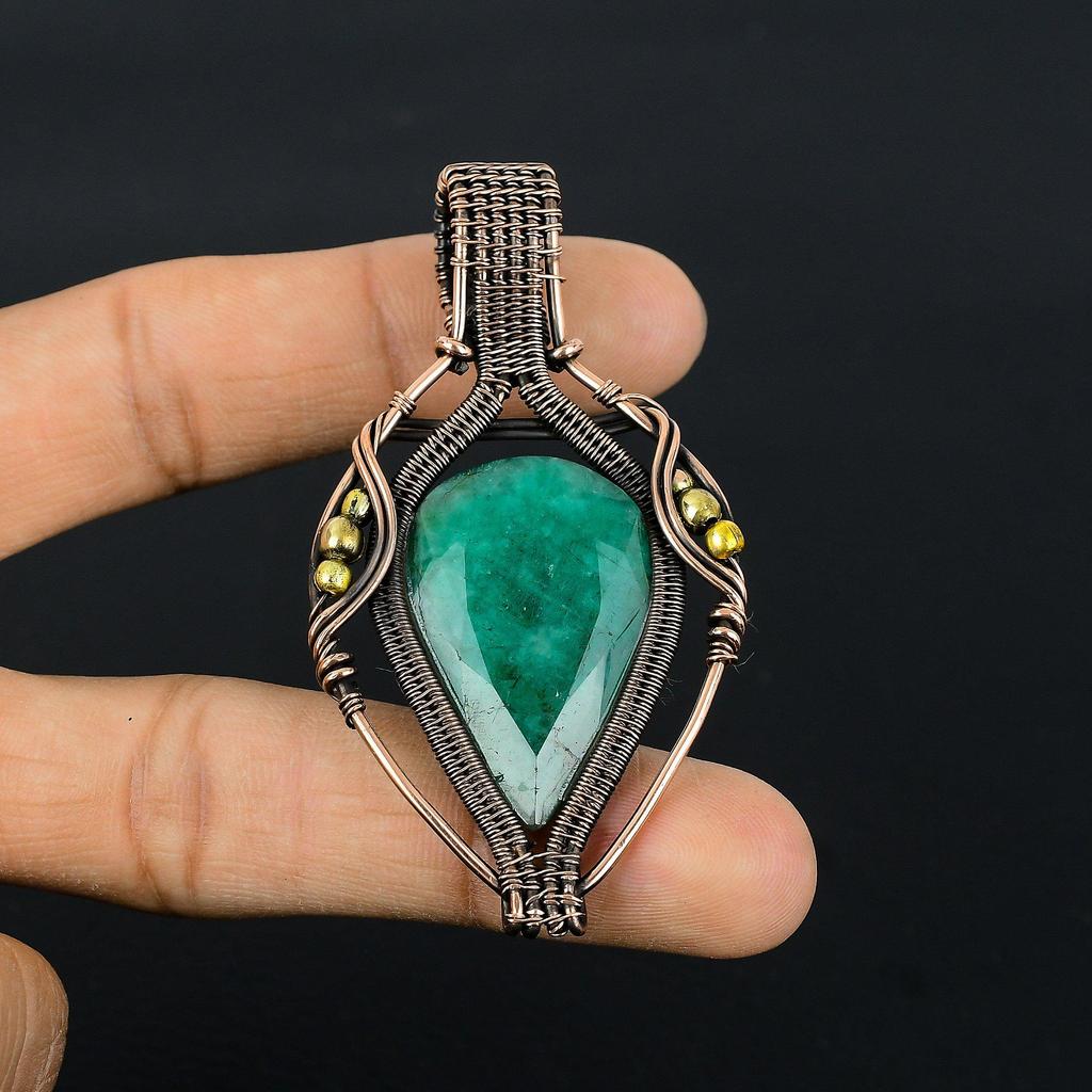 Emerald Pendant, 999 Copper Wire Wrapped Pendant Gemstone Jewelry, Handmade Pendant Amazing Jewelry, Gift For Her