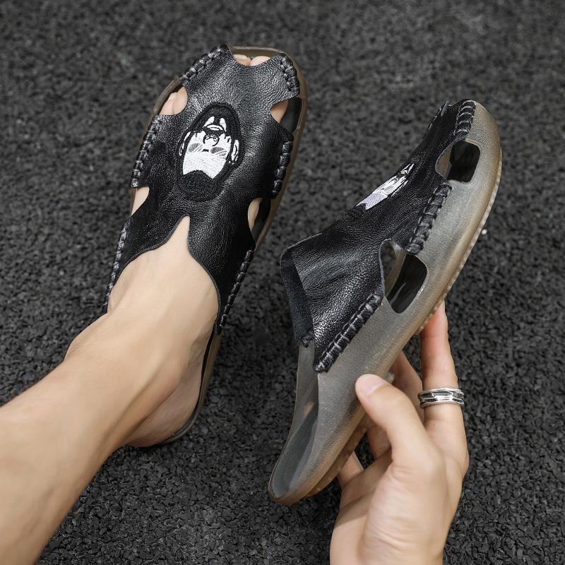 Summer Men's Flat Slippers Extra Wide Slide Sandals Outdoor Beach Open Toe Casual Soft Walking Leather Sandals