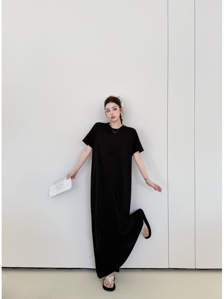 61035# Stylish Women's Over-the-Knee Slimming T-Shirt Dress - Simple, Modern, Short-Sleeved, and Loose-Fitting