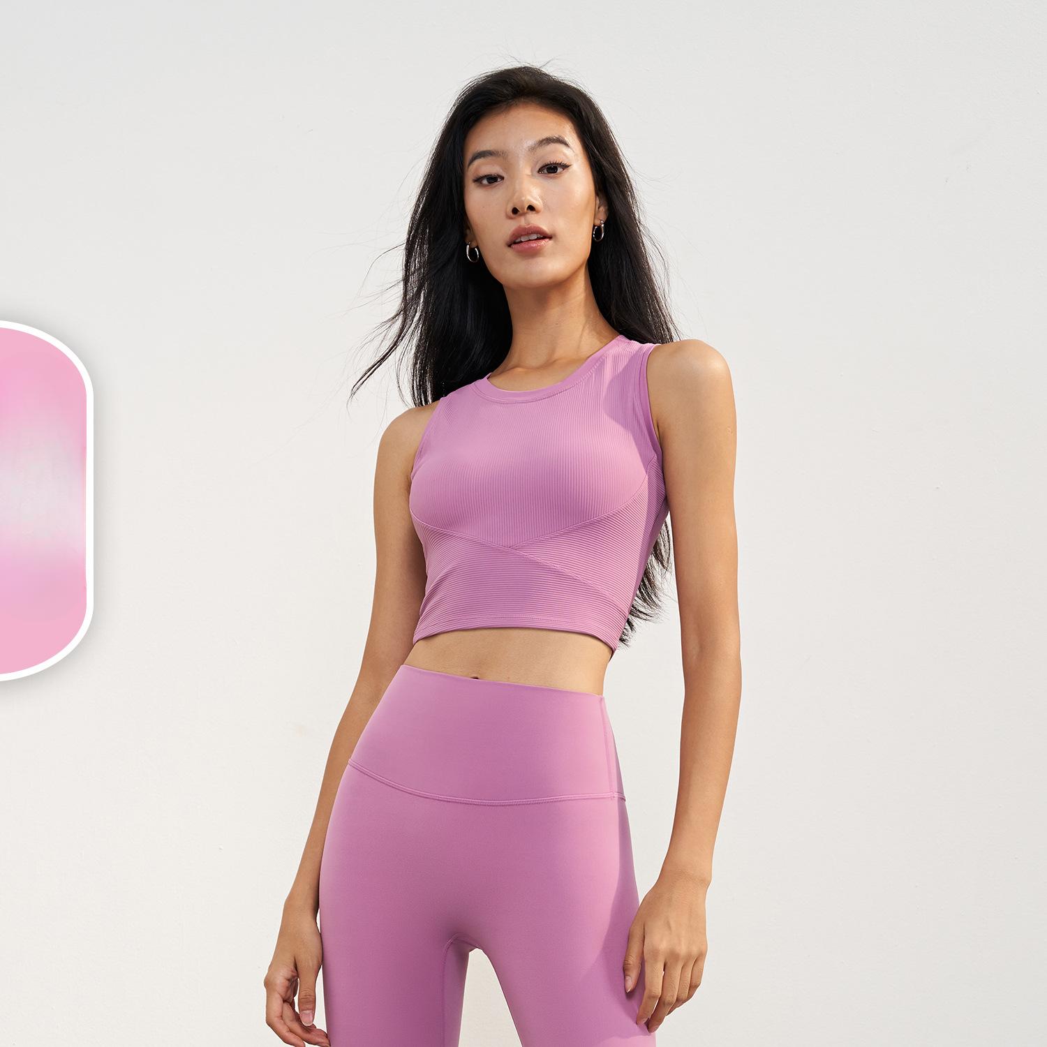 

Женский однотонный удлиненный противоударный спортивный бюстгальтер с фиксированными чашками, цельный облегающий бюстгальтер для фитнеса, жилет для йоги с перекрестными бретелями 10 розовый