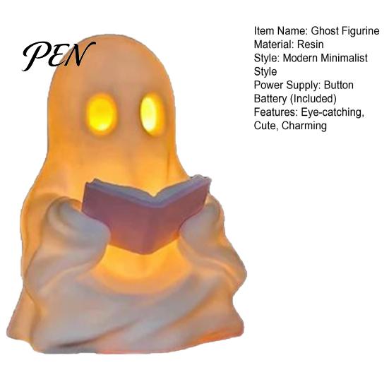Reading Ghost Ornament Cute Book Lamp, Lighted Figurine with Warm LED Halloween Room Decor Light, Night Light for Mantel Shelf Table Indoor Home