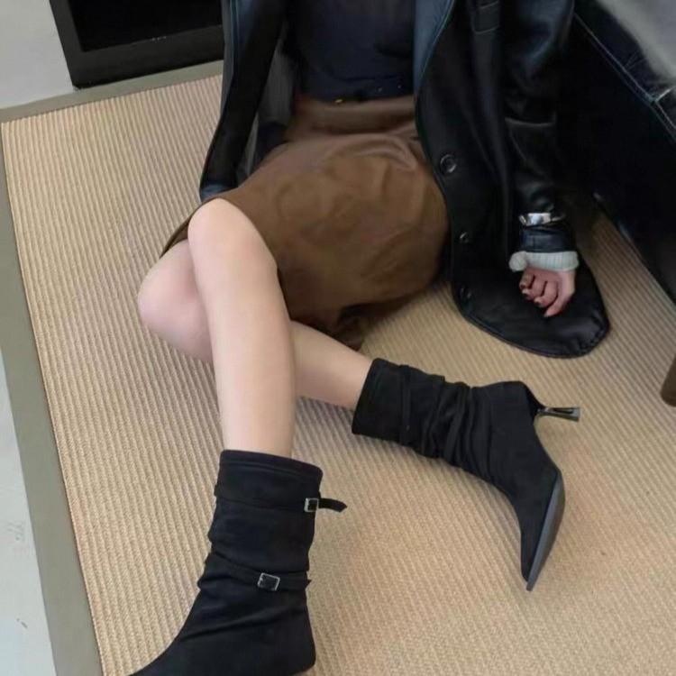 2025 autumn and winter new fashion versatile pointed heel suede French high heel thin short boots women's buckle belt