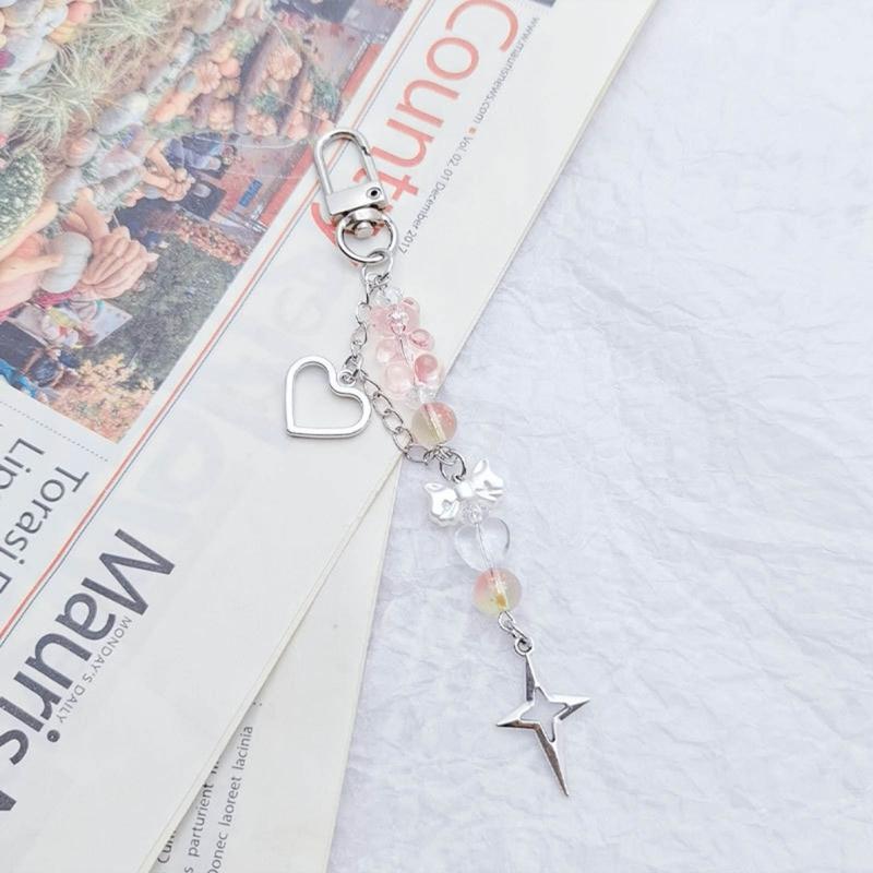 Beaded Wrist Strap Cross Pendant Keyring Hollow Heart Bead Wrist Strap Y2k