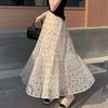 Mesh Floral Chiffon Midi Skirt for Women - Spring/Summer French Style Knee-Length Hip-Covering Pleated Umbrella Tiered Cake Skirt