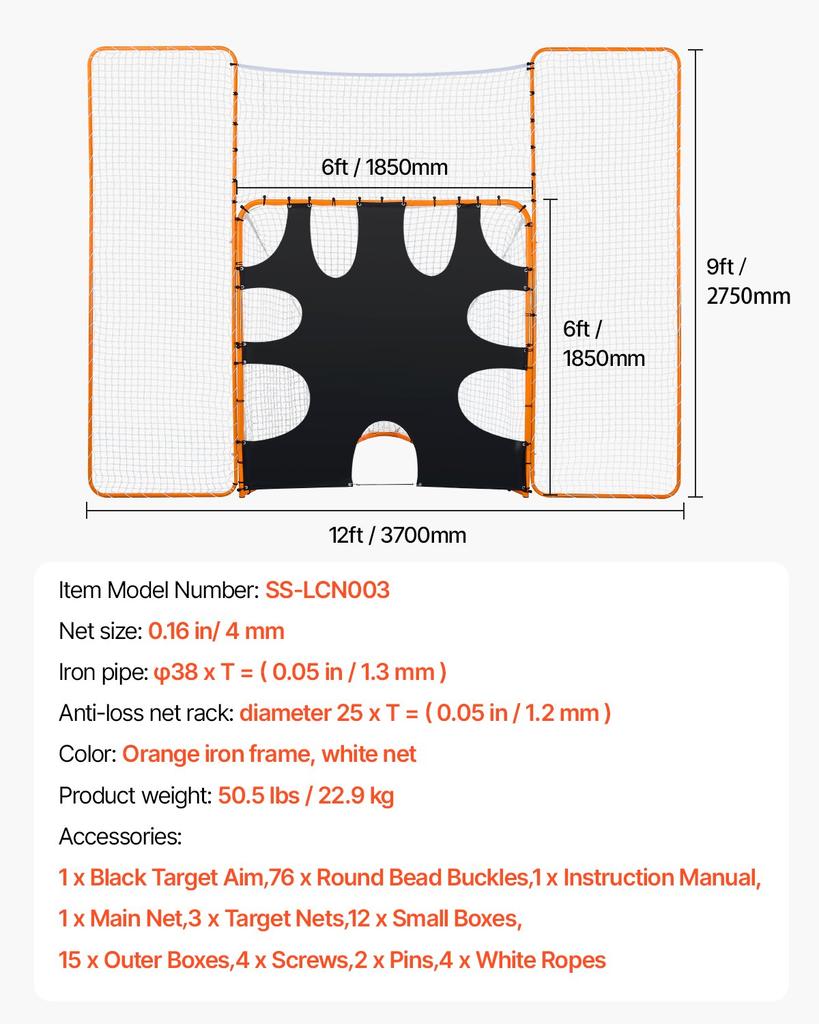 VEVOR 3-IN-1 Lacrosse Goal, 12x9 Ft Lacrosse Net with Backstop and Target, Quick & Easy Setup Backyard Rebounder Equipment