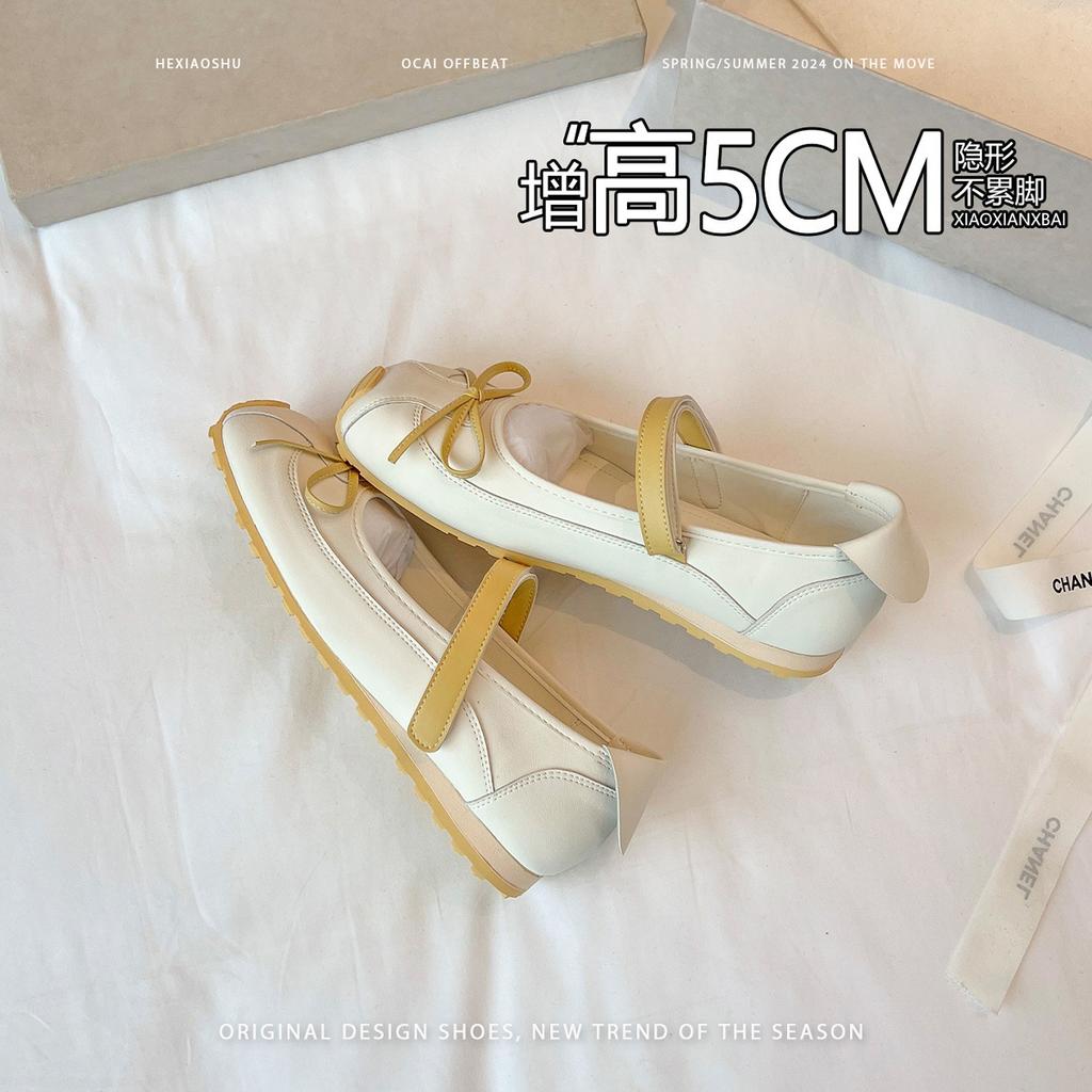 Sheepskin Version~ French Mary Jane Shoes Women's Bow Light Mouth Single Shoes Versatile Word with Velcro Ballet Shoes