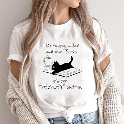 (Asian Size) Graphic Tee Women's Cat Books Love Sweet Trend Fashion Casual Print Short Sleeve Summer Top Ladies Female T Clothing T-shirt