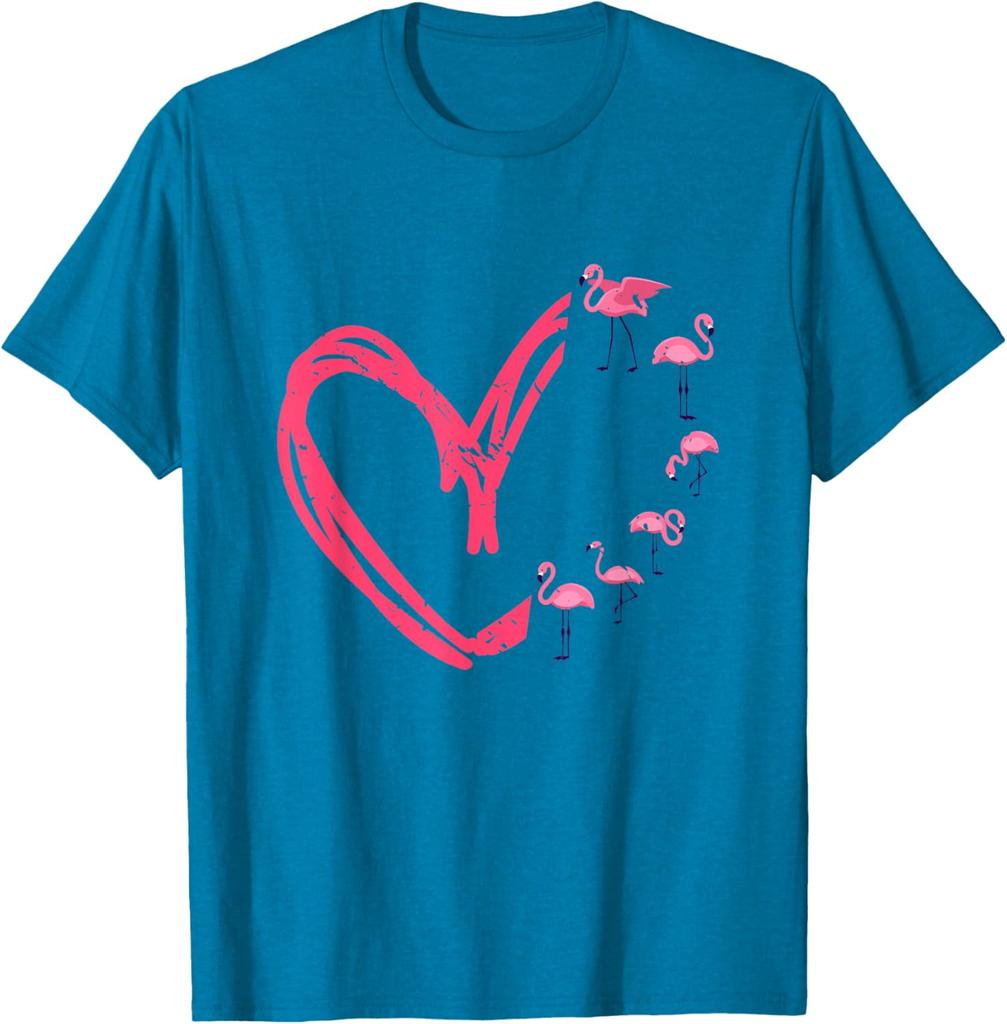 Flamingo Heart Graphic T-Shirt Casual Men's Short Sleeve Crewneck Cotton Tee Valentine Day