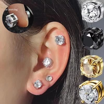 6-8MM Magnetic Earrings for Men Women Shiny Round Cubic Zirconia Stud Earrings Non-Pierced Hypoallergenic Stainless Steel 1Pair