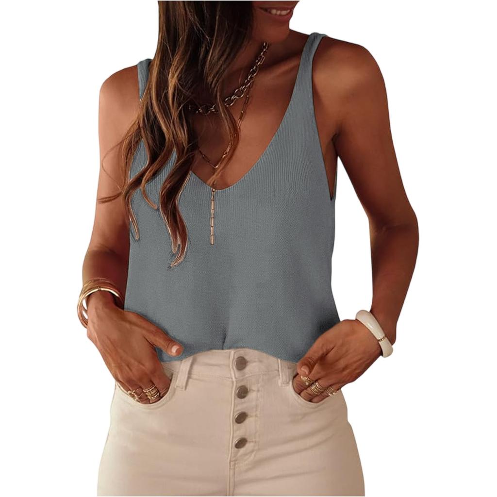 Womens Knit Sweater Tank Tops Casual Summer V Neck Loose Fit Sleeveless Camisole Shirts