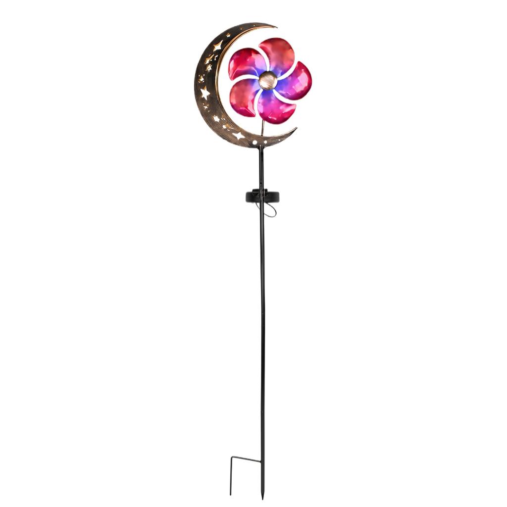 Solar Powered Moon and Pinwheel Garden Stake Light with Metal Construction and Decorative Cutout Design for Outdoor Yard Pathway Lawn Landscape