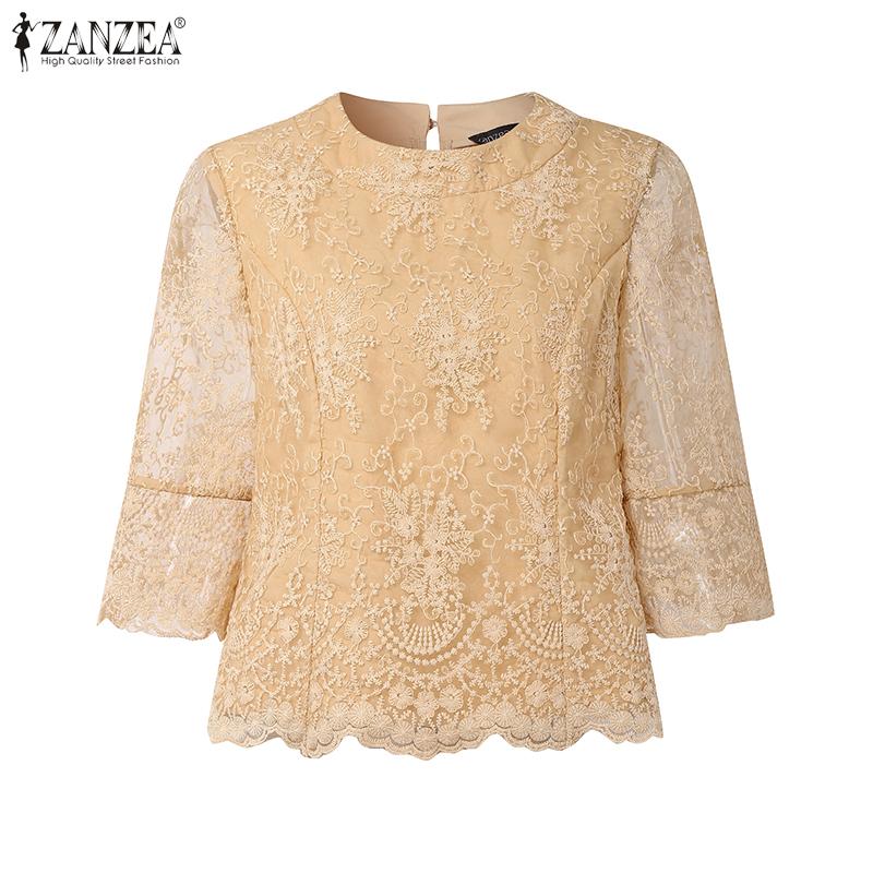 ZANZEA Women Casual Round Neck 3/4 Sleeve Loose Lace Patchwork Blouse