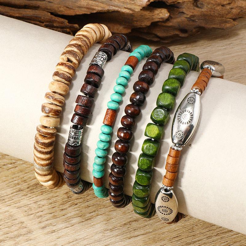Wood Beaded Bracelets Handmade Bohemian Multilayer Set Ethnic Retro Floral Charm Wristband Stackable Hand  for Men Women