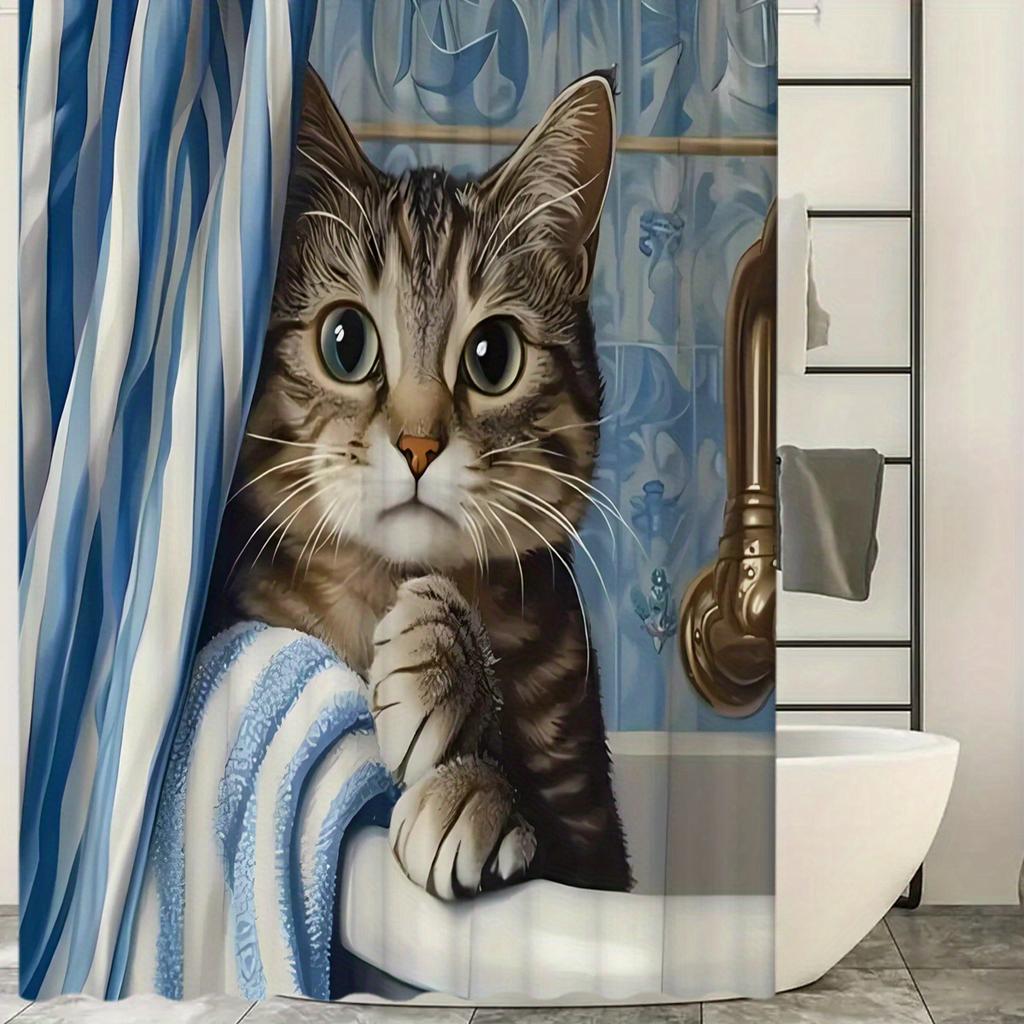 1/4 buc. Set Perdea de Duș Impermeabilă cu Model Pisică Drăguță de Lux Set Decorativ pentru Baie Covor Antiderapant Husă pentru Toaletă Covoraș de Baie și 12 Cârlige