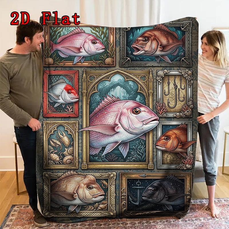 Marine Life 2D Flat Pattern Flannel Blanket, High quality All Seasons, Home Decor, Warmth and Comfort, Perfect for Christmas Gifts.