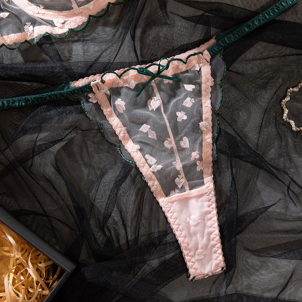 European & American Cross-Border Women's Sexy Bra Set with Card Pattern Embroidery, Transparent Lace, and Underwire Push-Up Design.