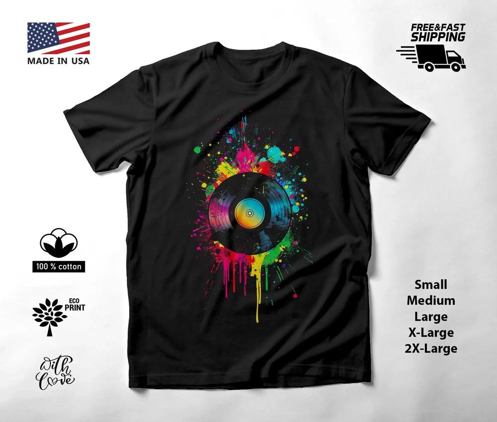 Vinyl Record Neon Graphic T-Shirt Black Unisex S-2XL