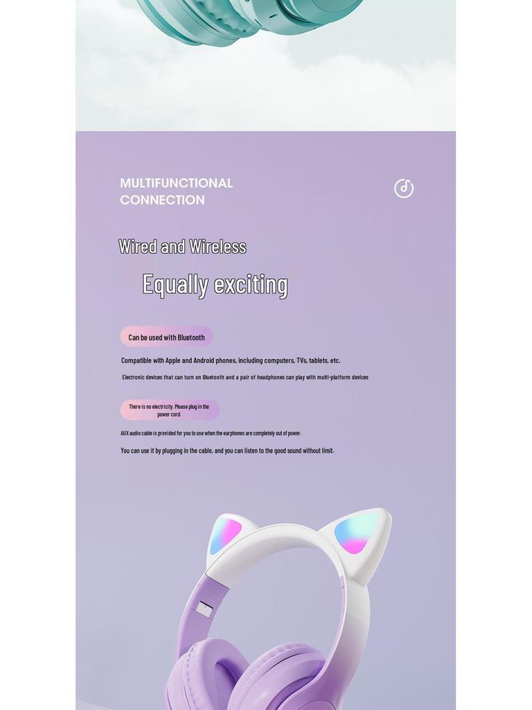 Sky Blue Cat Ear Bluetooth Headphones with Breathing Light