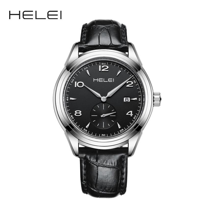 HELEI Men's Quartz Leather Watch - Waterproof, Three-Hand, Single Calendar