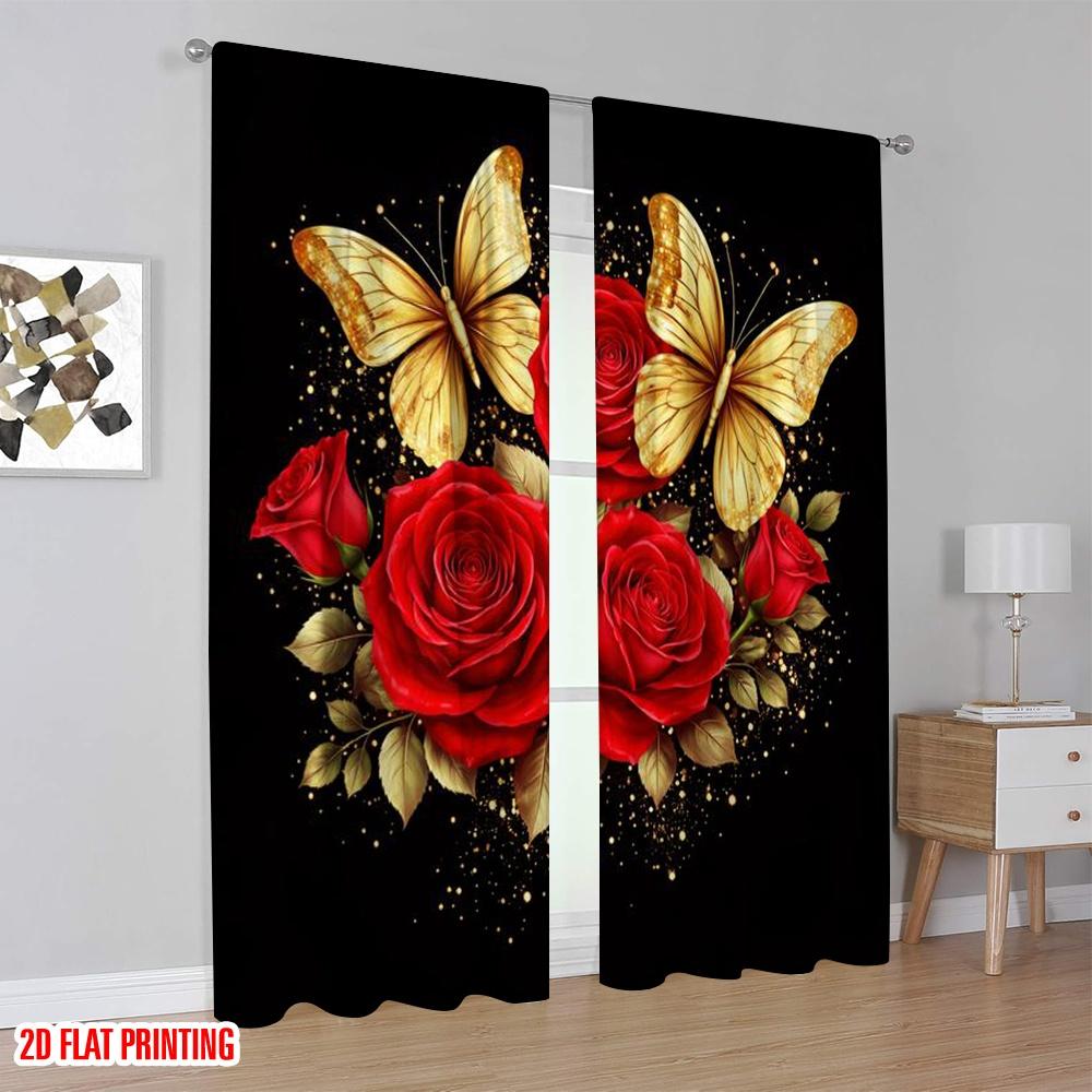 2D flat printing 2pcs Curtain Window Drapes Valentine's Roses and Butterflies Digital Printed Polyester Drapes Family Party