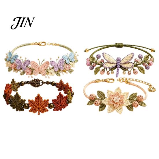 Handmade Bracelet Kit DIY Nature-Inspired Crochet Kit, 3D Animals Plants Hand-Crocheted Jewelry Making Flower Maple Dragonfly Butterfly Set, Gift for