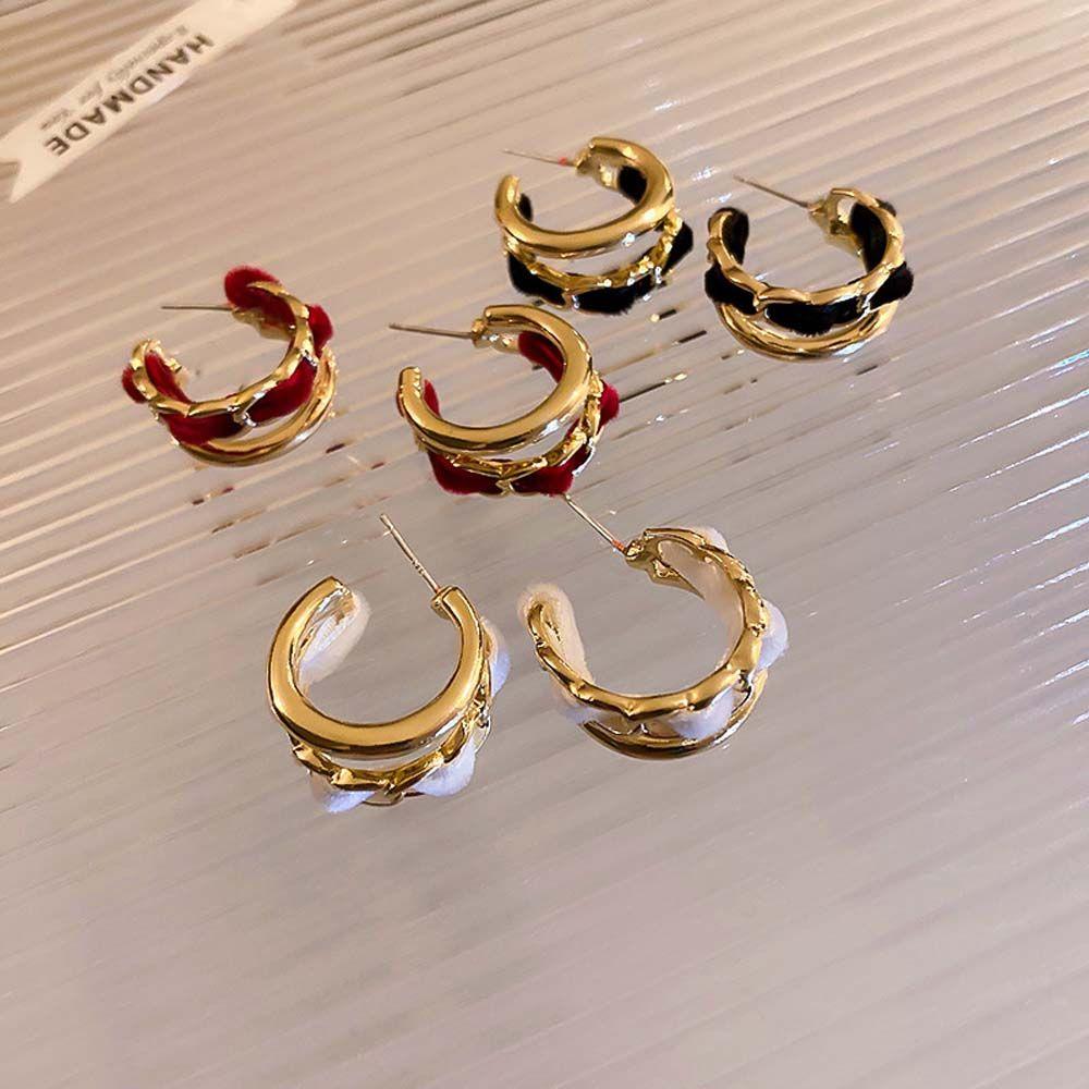 

C-shaped 925 Silver Needle Fabric Metal Chains Korean Style Women Earrings Hoop Earrings Ear Studs красный
