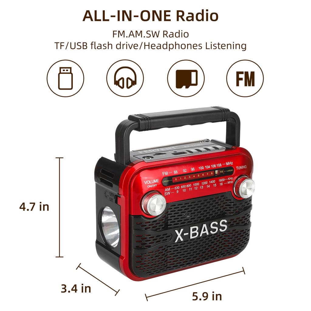 Přenosné kompaktní FM rádio, Výstup 3W FM/AM/SW1-6/USB/TF/BT přehrávání, Vícepásmová domácí svítilna Lze použít uvnitř i venku