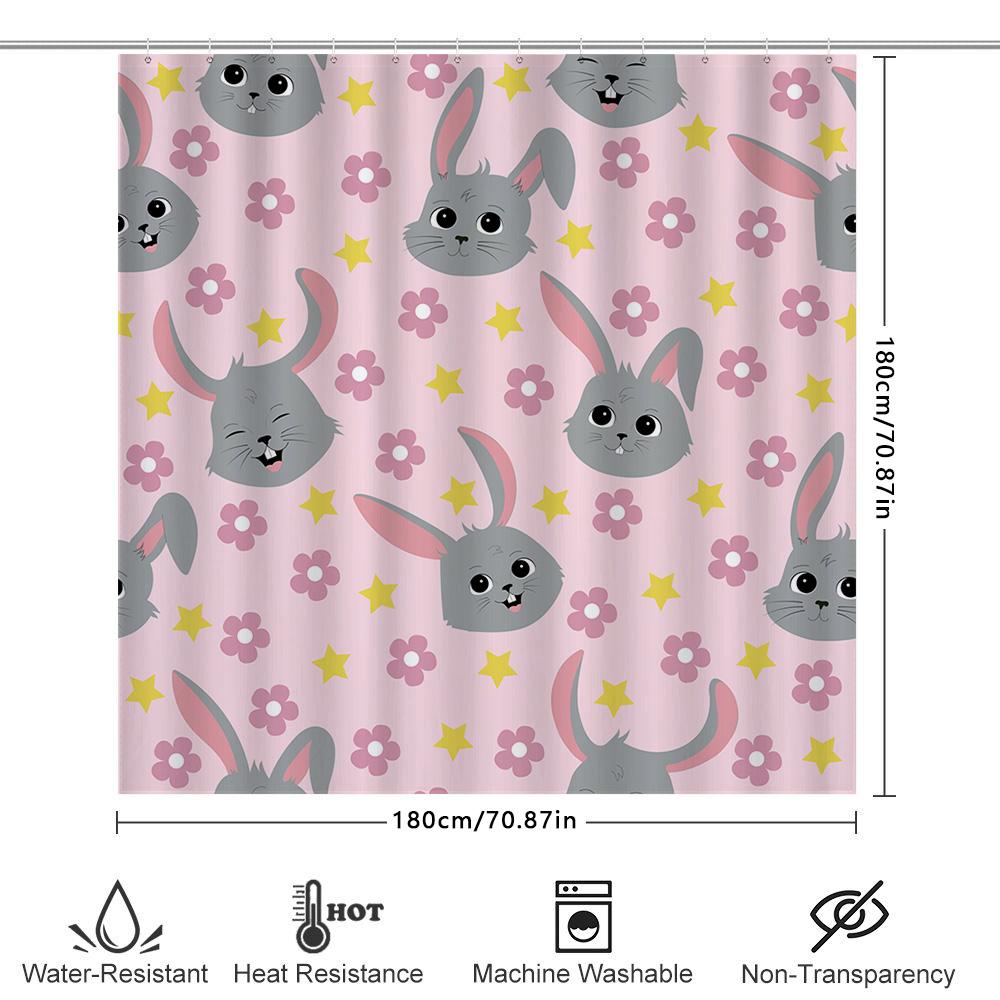 Cute Bunny Rabbit Shower Curtain Pink With Yellow Stars And Flowers For Kids Bathroom Decor (180X240Cm)