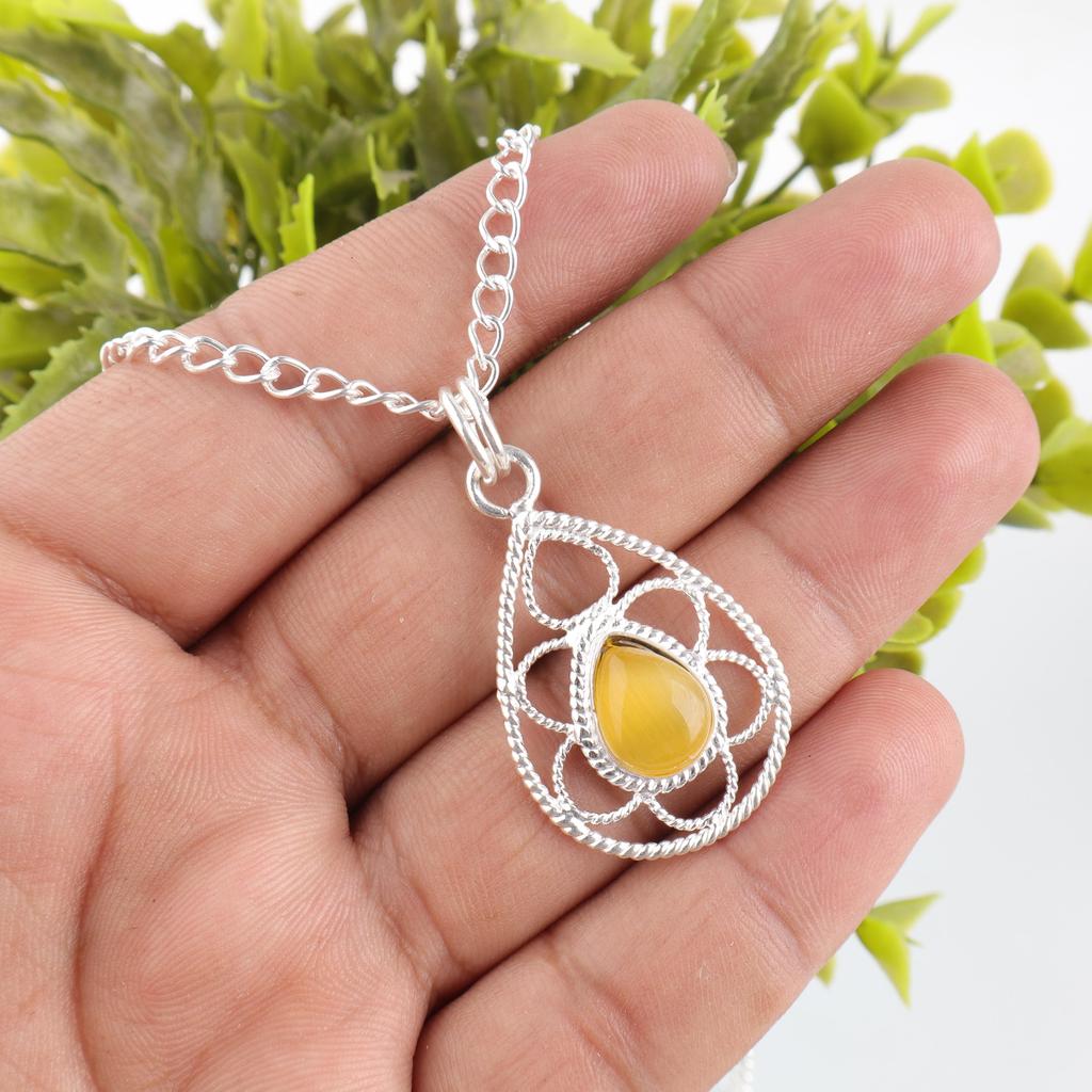 Yellow Cat's Eye 925 925 Solid Sterling Silver Pendant, Handmade Gemstone Pendant Jewelry, Amazing Silver Chain Spiritual Pendant For Women