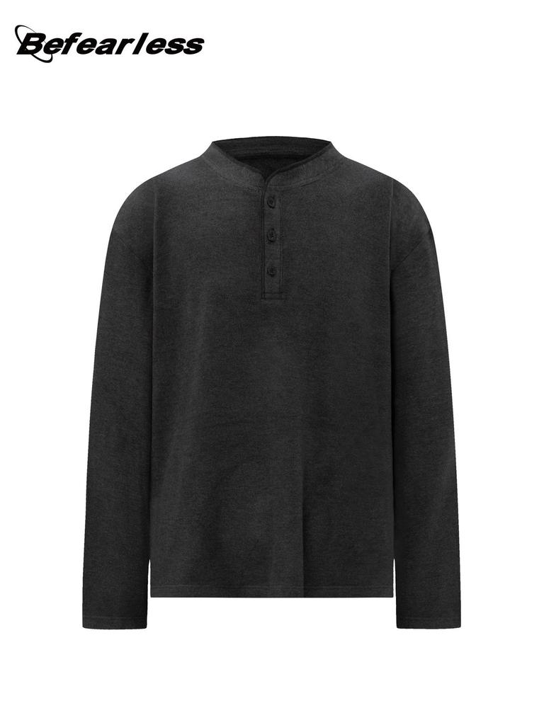 Unisex Retro Wool Henley Long Sleeve T-Shirt - Loose Fit Autumn Base Layer