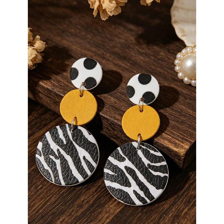 1 Pair European & American Retro Zebra Print Polka Dot Mustard Yellow Color Block Round PU Leather Earrings
