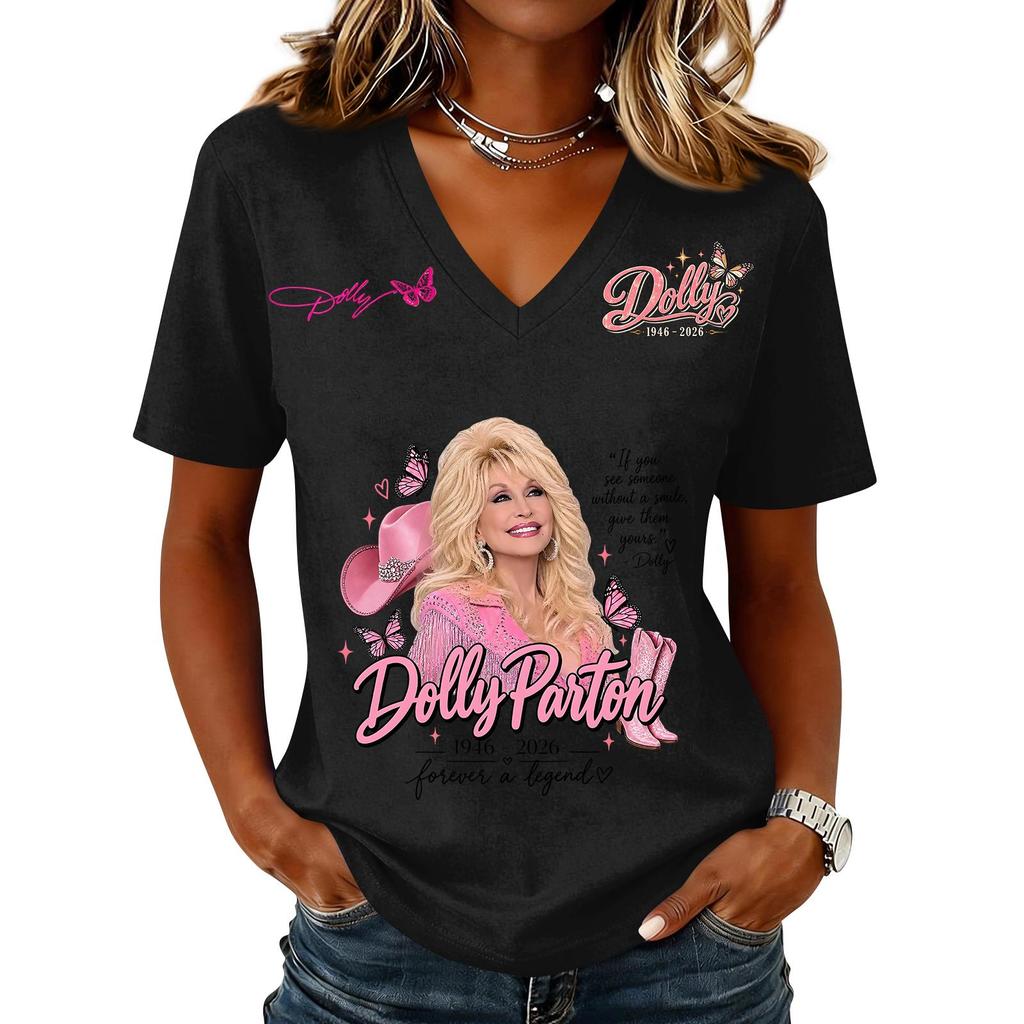 Women's Trendy Casual V-Neck Short Sleeve Letter Print Pullover Top for Everyday Wear