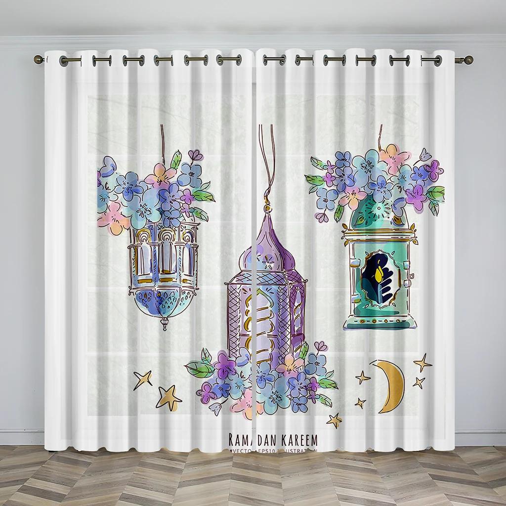 Cheap Gold Black Boho Ramadan Lslamic Muslim Kareem Thin Window Curtain for Living Room Bedroom Decor 2 Pieces Free Shipping