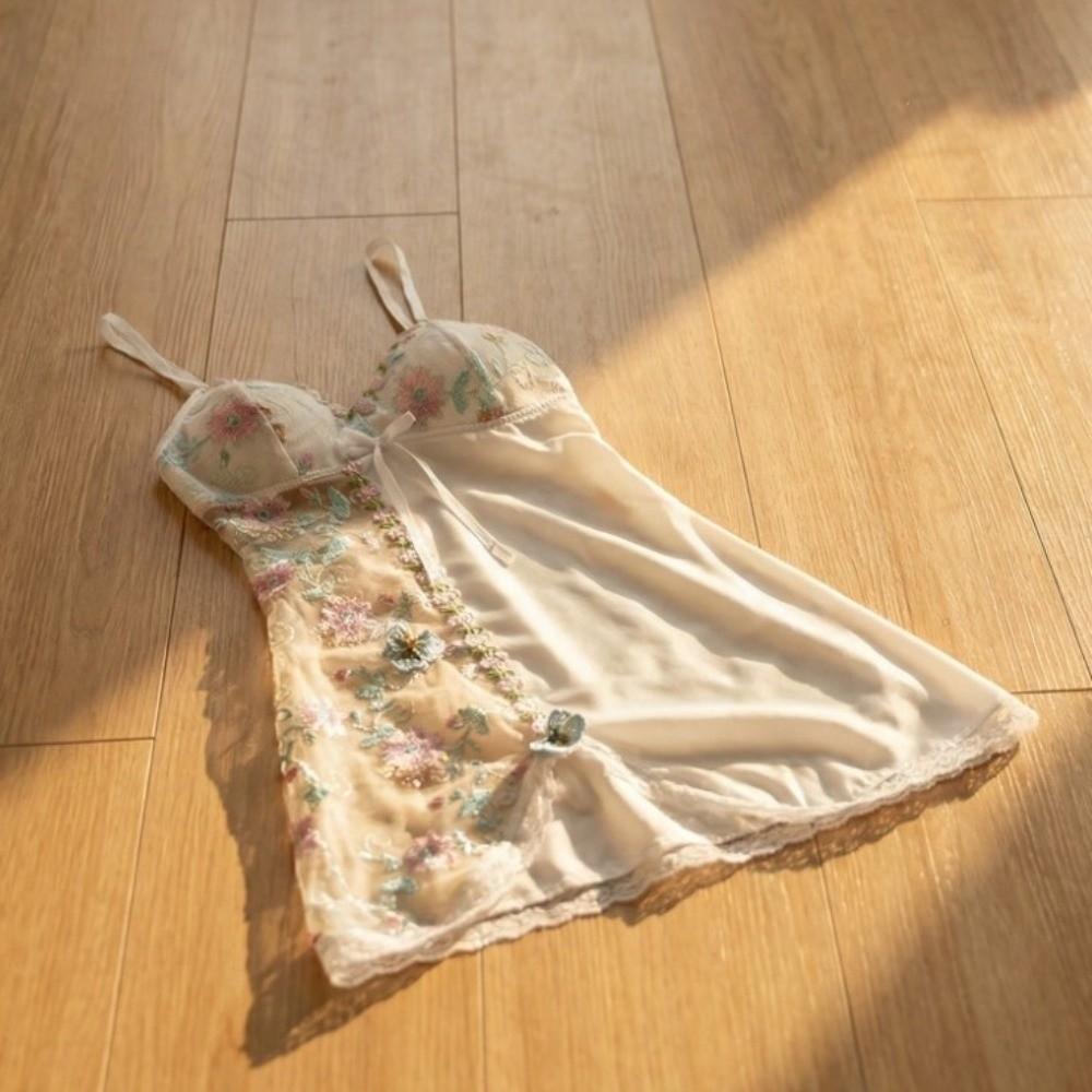 Embroidered Women's Pajama Dress Thin Lace Bow Slim Sling Nightgown  Female