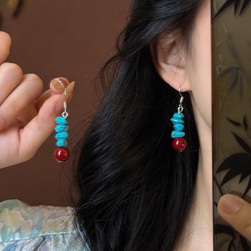 Tibetan Coral Contrast Color Ear Buckles Women Original Chinese Style Retro Literary New Chinese Hanfu Daily Decor Jewelry