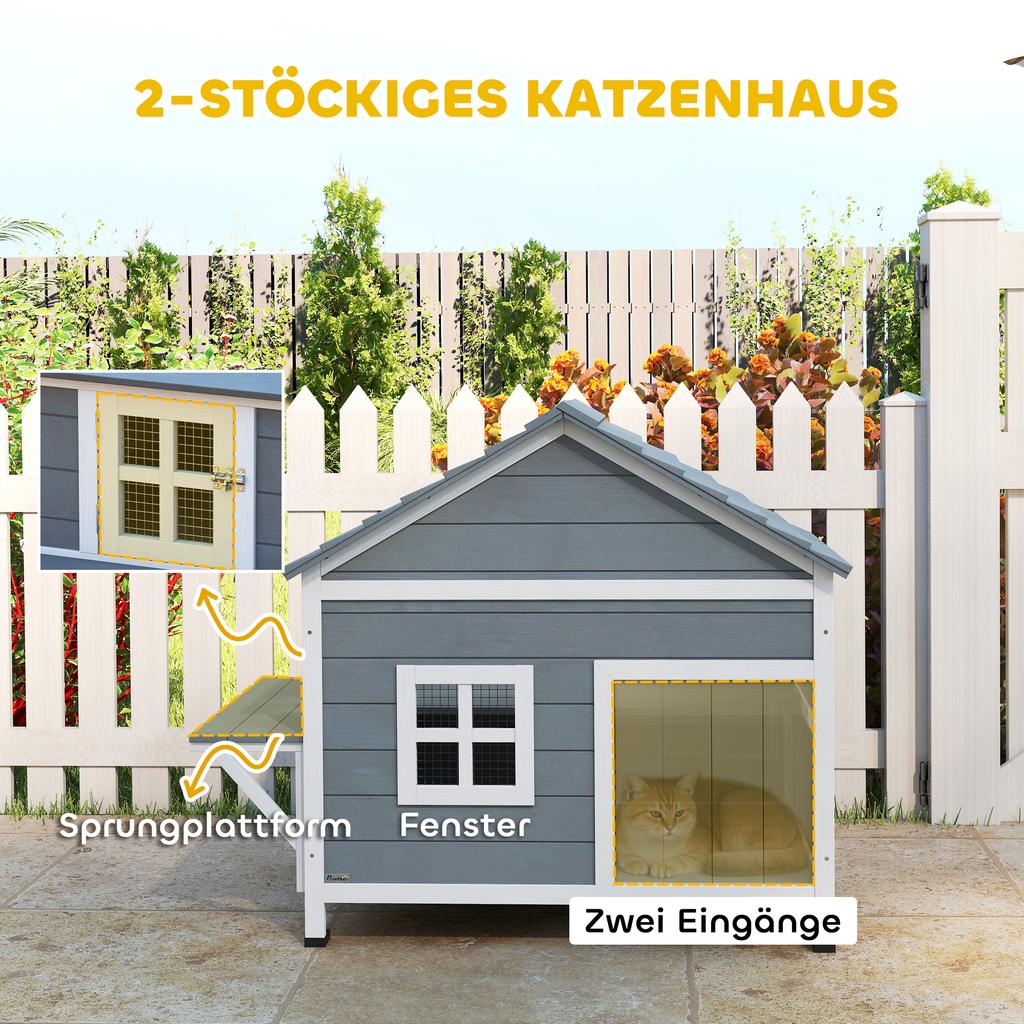 Wooden Cat House, 2-Story Cat Den with Waterproof Flip-Up Roof, Side Platform, 101x72.5x81cm, Grey