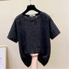 Large Size Women's Summer New Style Loose Slim Sequins Ripped Loose Short-sleeved T-shirt Fat Mm Half-sleeved Front Shoulder Top