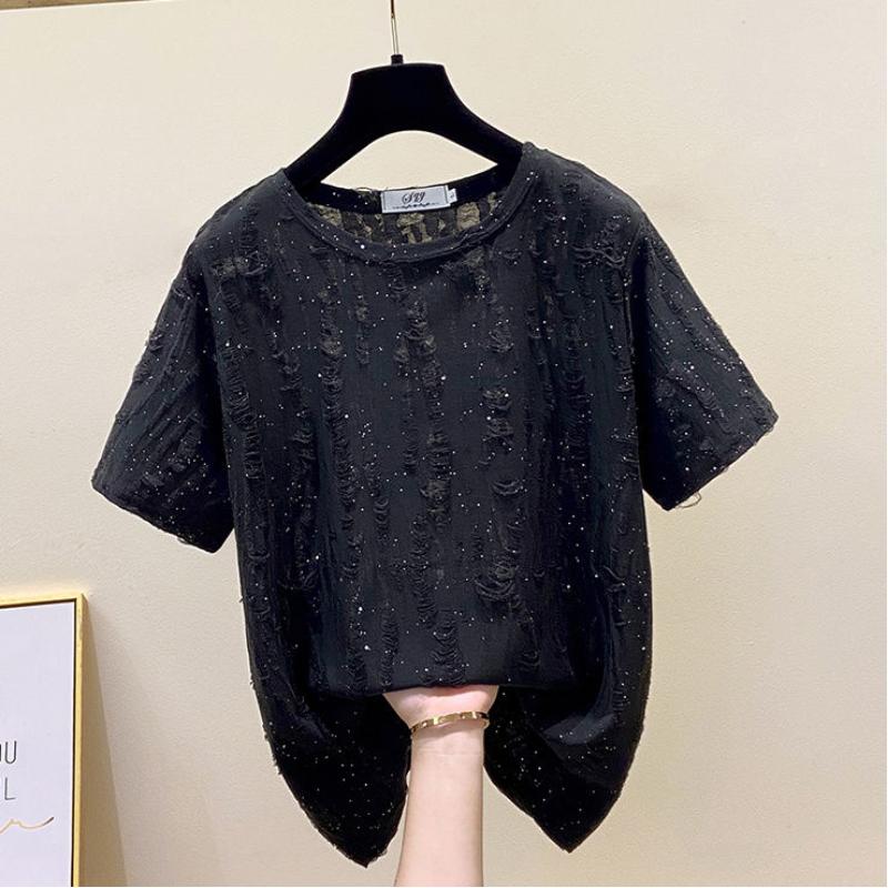 Large Size Women's Summer New Style Loose Slim Sequins Ripped Loose Short-sleeved T-shirt Fat Mm Half-sleeved Front Shoulder Top