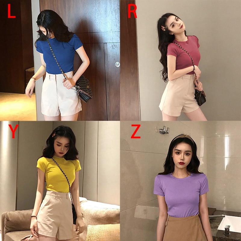 Solid Color Tee Fashion Sexy Short-sleeved Round Neck T Shirt Trendy Wild Bottoming Top For Women