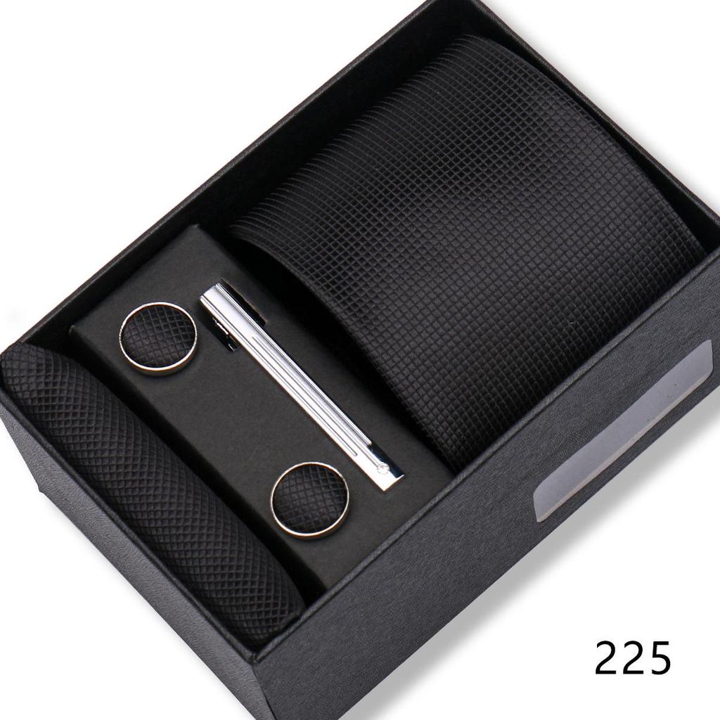 Men's Black & Wine Red Striped Plaid Tie Set with Pocket Square - Formal Wedding Gift Box