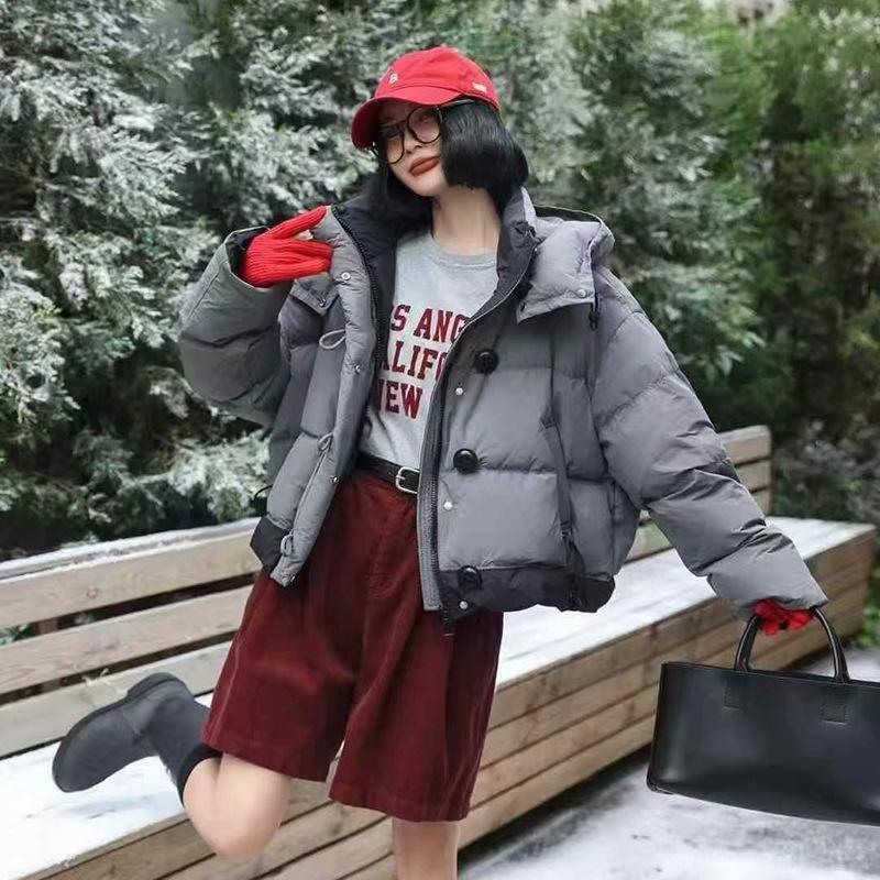 

Premium white duck down hooded down jacket women s short 2025 winter thickened color matching white duck down bread jacket tide M