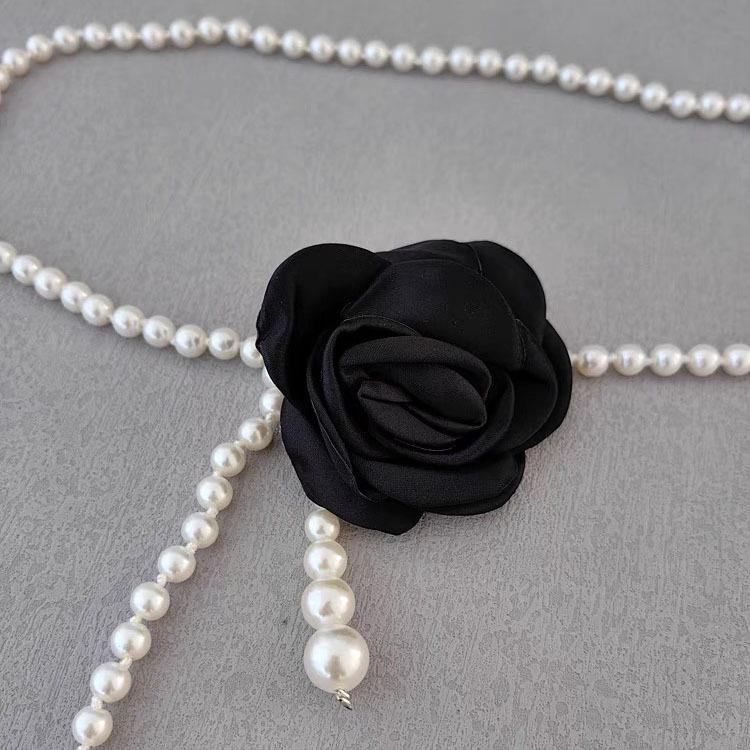 Korean Fashion Black & White Camellia Pearl Waist Chain Belt for Women