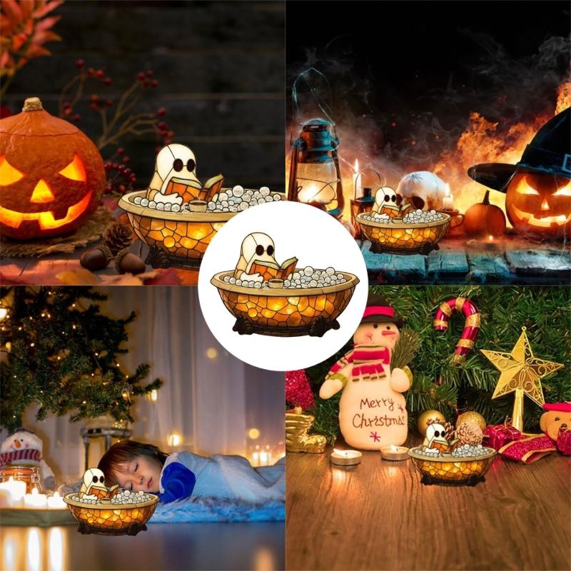 Creative Ghosty Glowing Lamp With Bubble Effect Unique Halloween Decoration Resin Book Theme Ornament