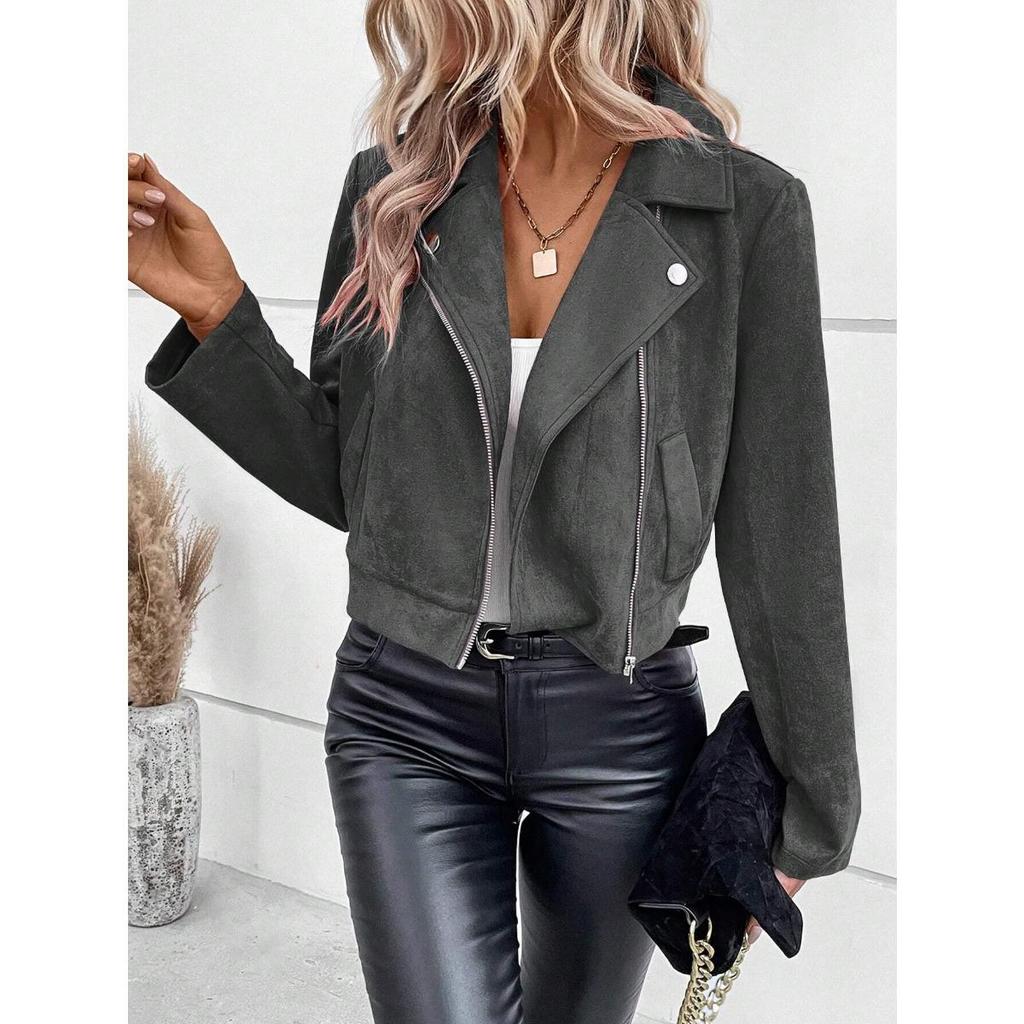 New Winter Women's Slim Short Lapel Zipper Jacket Faux Suede Outerwear for Europe and America