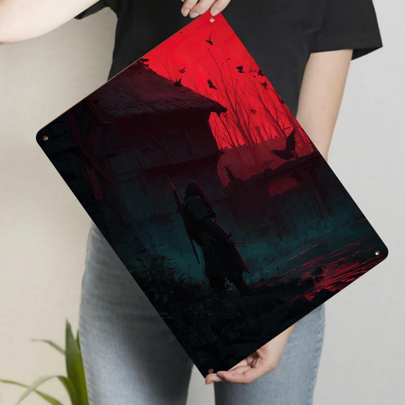 

Red Sunset Warrior Silhouette Metal Wall Art Medieval Fantasy Decorative Painting for Home Office 20x30cm（7.8x11.8inch）
