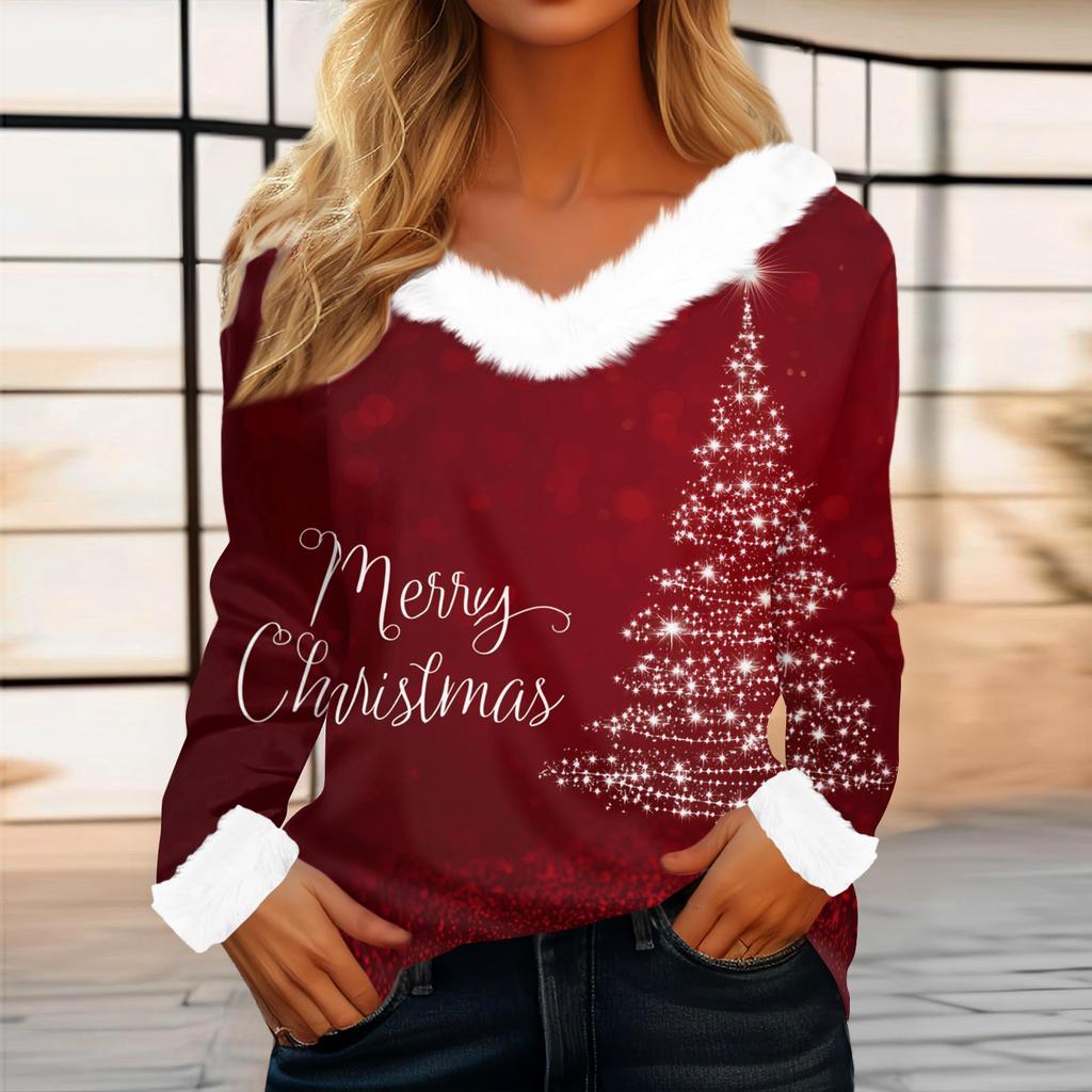 Women's Casual Fashion Long Sleeve Christmas Printed Flannel Collar Top
